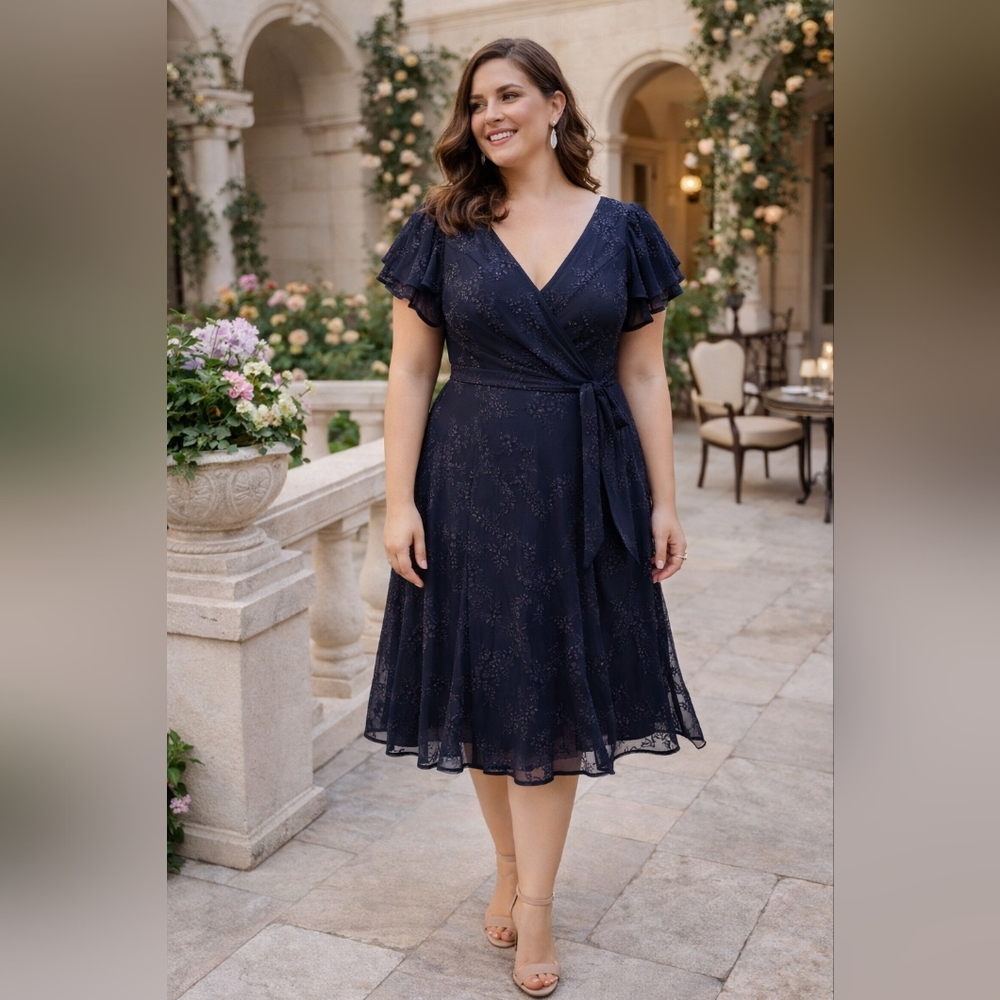 DKNY Woman'sNavy Blue Eyelet Embroidered Midi Dress Flutter Sleeves Elegant Chic